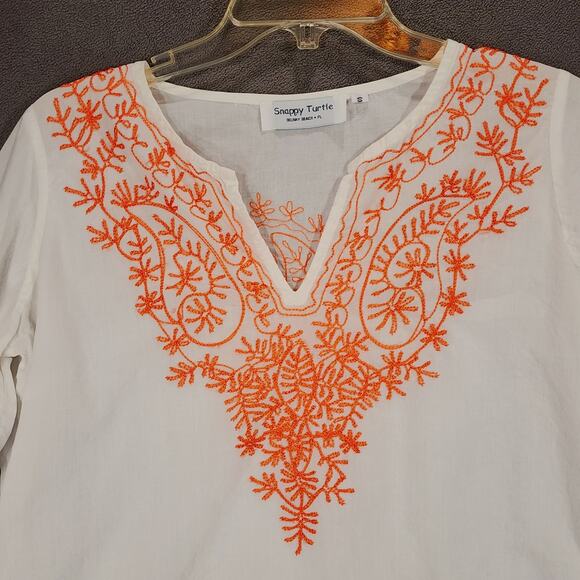 Snappy Turtle Tunic Top sz S Women White Orange Embroidered Paisley Floral Boho - Picture 7 of 12